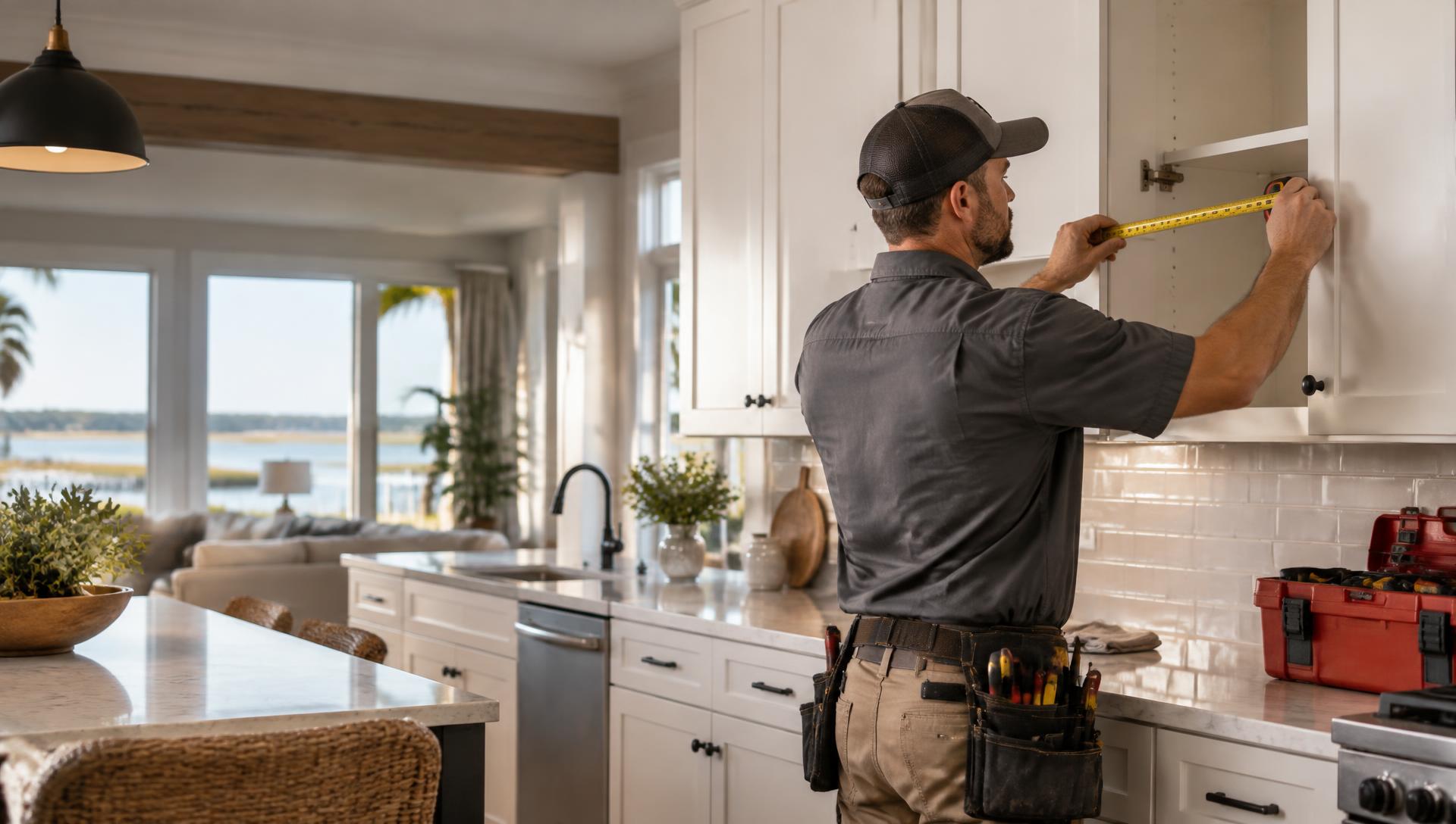 A professional handyman measuring kitchen cabinetry in a coastal home